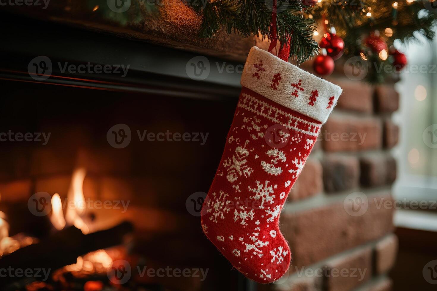 Red christmas stocking hanging on a fireplace mantel photo
