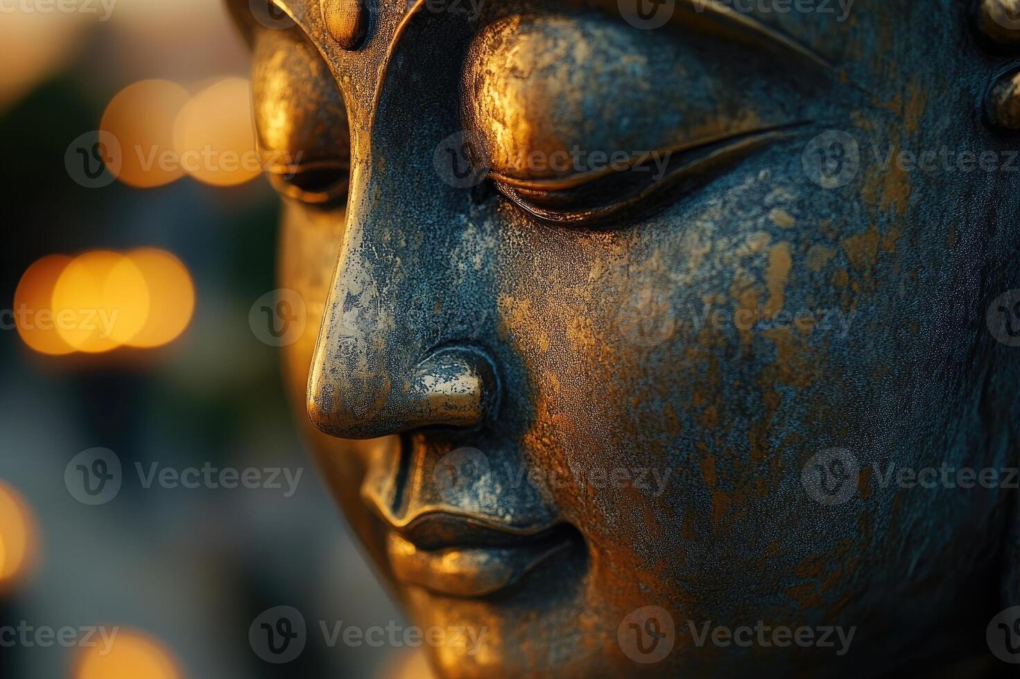 Face of buddha statue expressing peace and serenity at sunset photo
