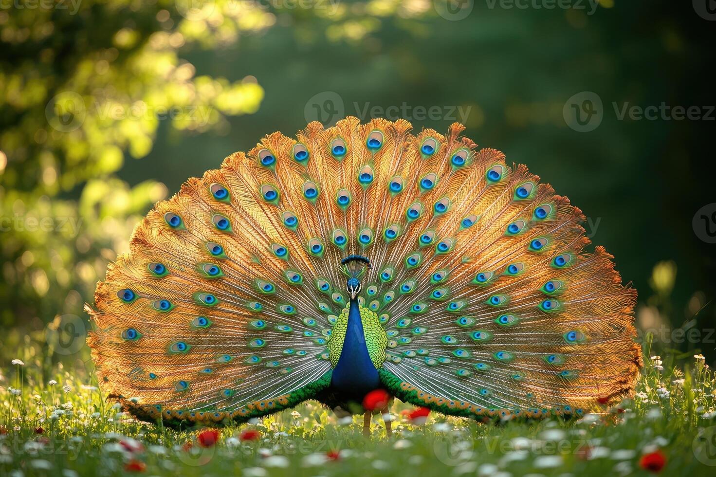 Peacock showing off its beautiful tail feathers in a forest glade photo