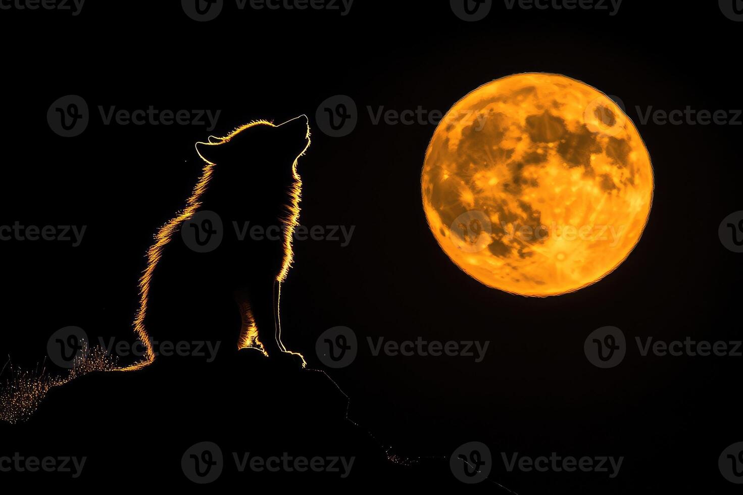 Lone wolf howling at the bright orange full moon photo