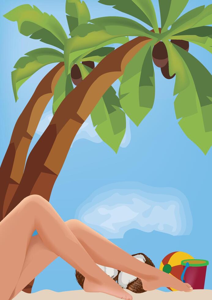 A woman's legs on the beach with a coconut and a beach umbrella vector