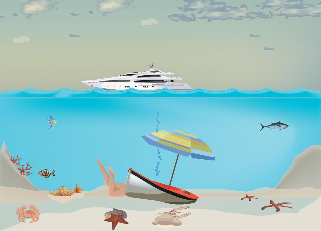 A boat and a beach with a boat and a starfish vector