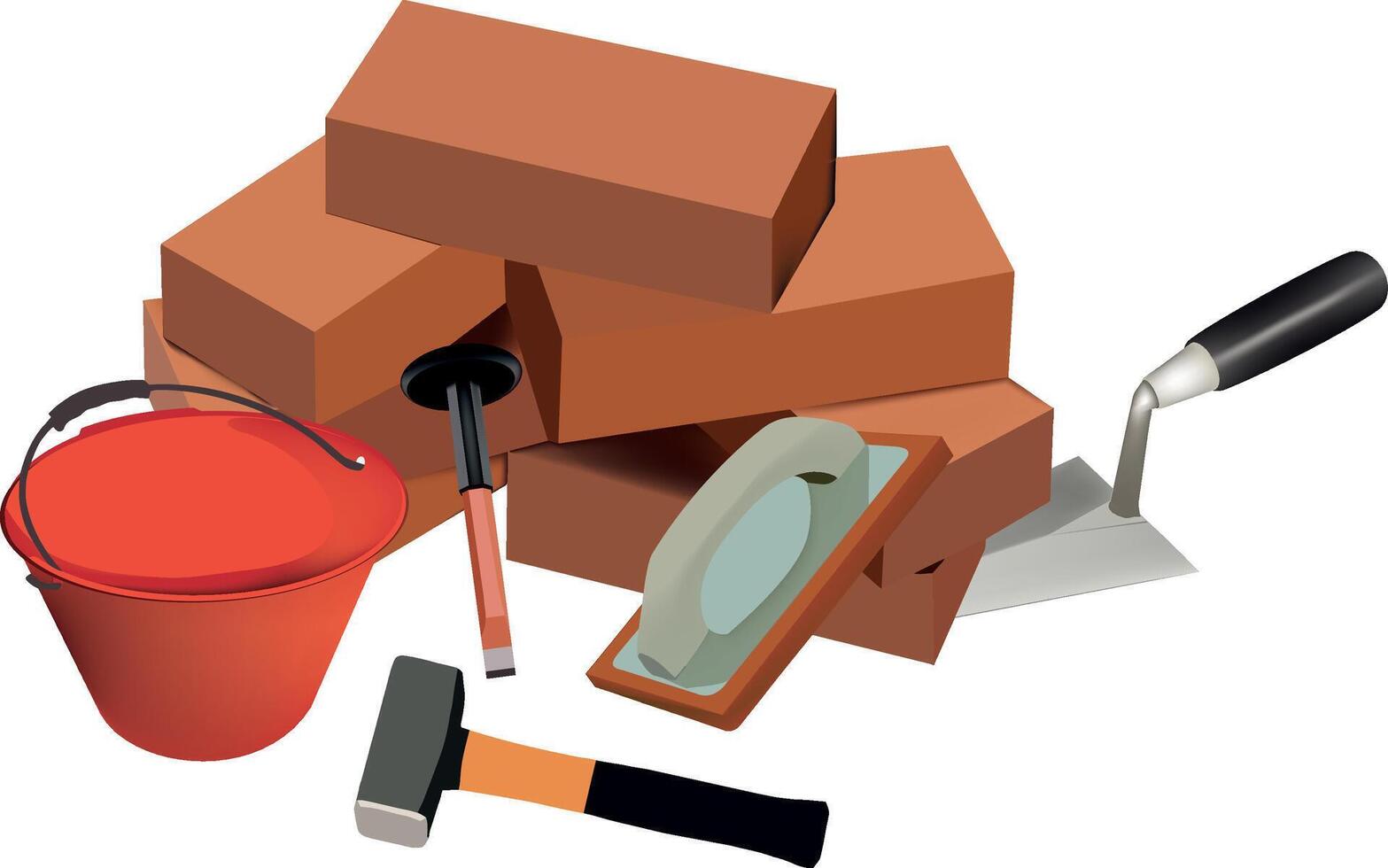 A pile of bricks, a bucket, a hammer and a shovel vector