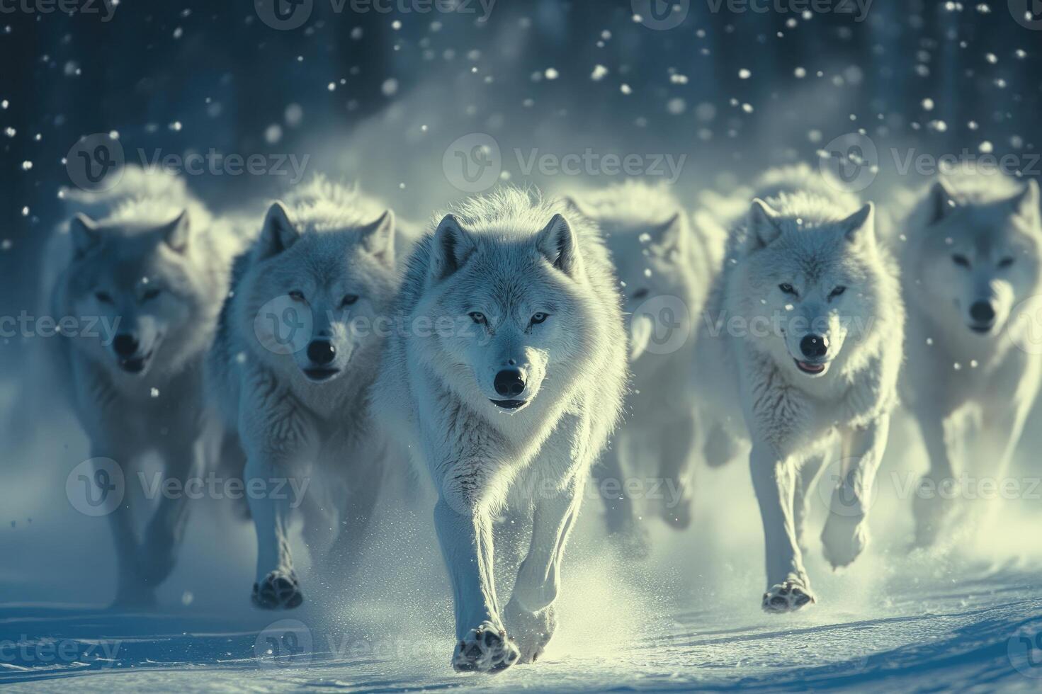 Pack of white wolves running through snowy forest photo