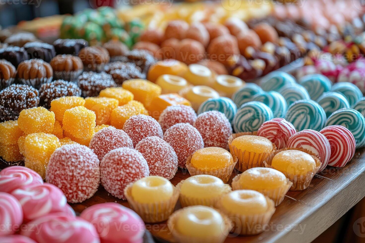 Rows of delicious colorful sweets and candy sitting on a table photo