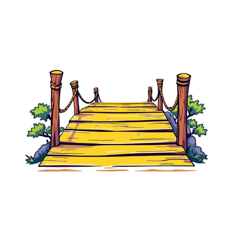 cartoon illustration of a wooden bridge in perspective leading to a bright future vector