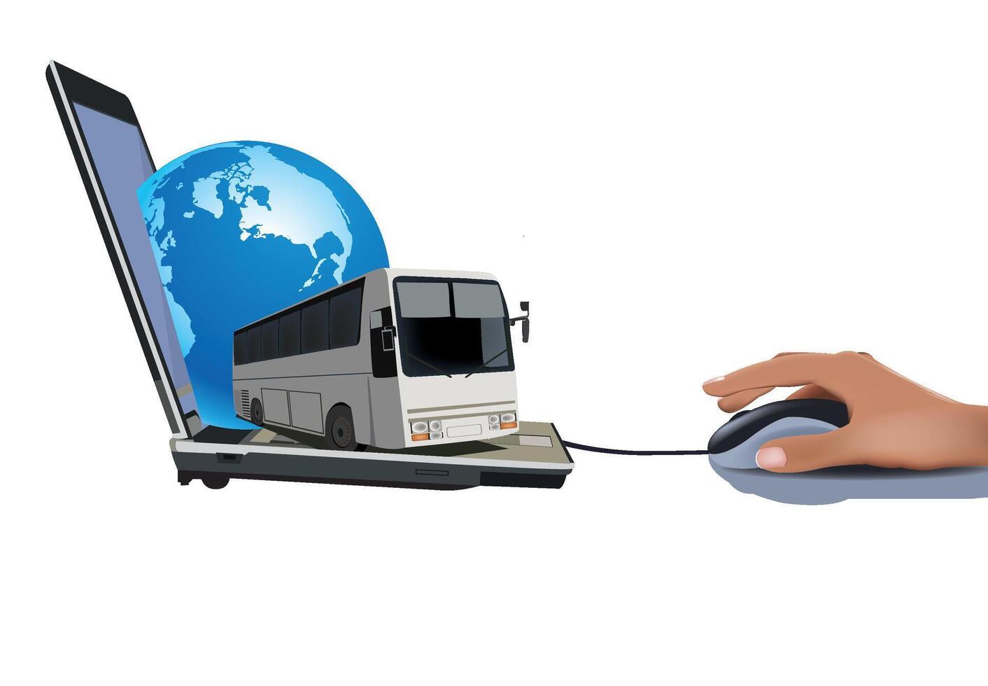 A hand is holding a mouse and a bus is on the screen vector