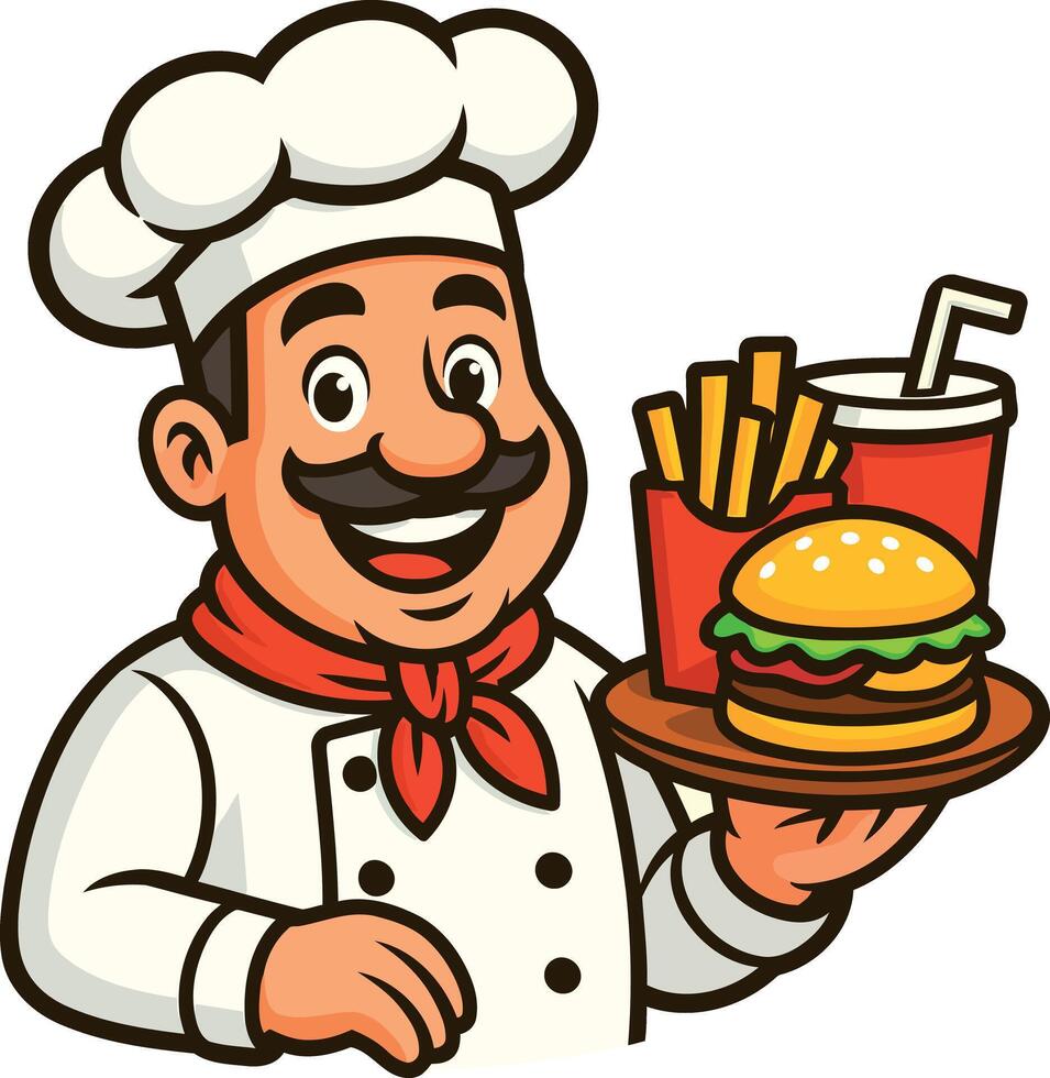 Chef Holding a Tray of Burger, Fries, and Soda vector