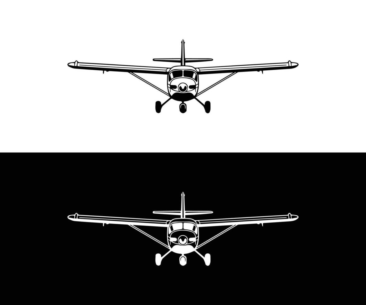 front view airplane illustration, a small airplane is shown in black and white vector