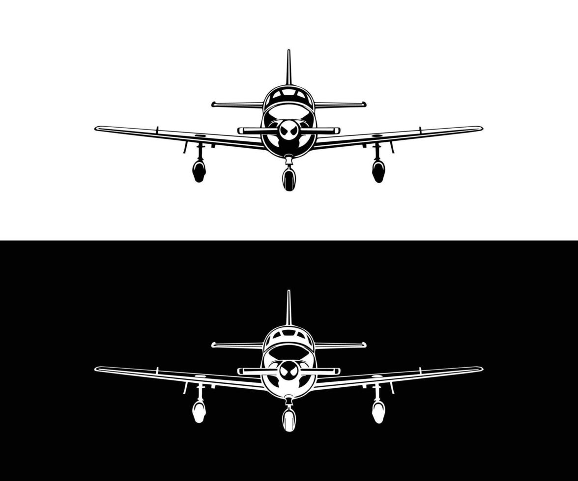 front view airplane illustration, black and white of a small airplane vector
