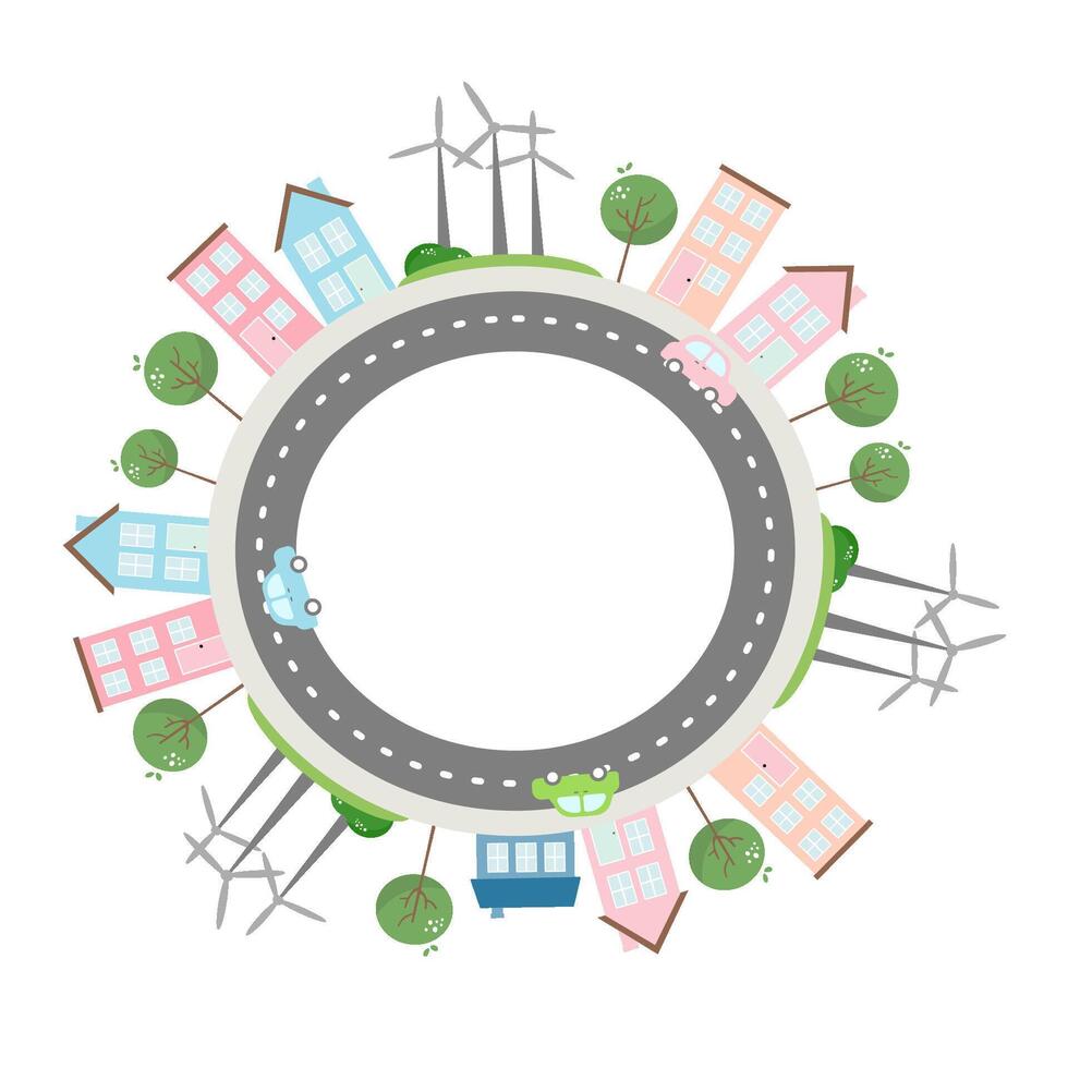 Eco Friendly City with Wind Turbines and Cars on Circular Road Illustration vector