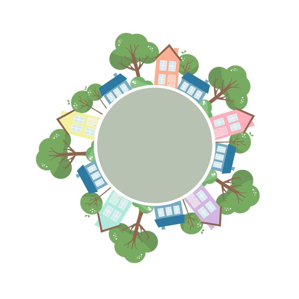 Colorful Circular Houses and Trees Illustration with Eco Friendly Neighborhood Design vector