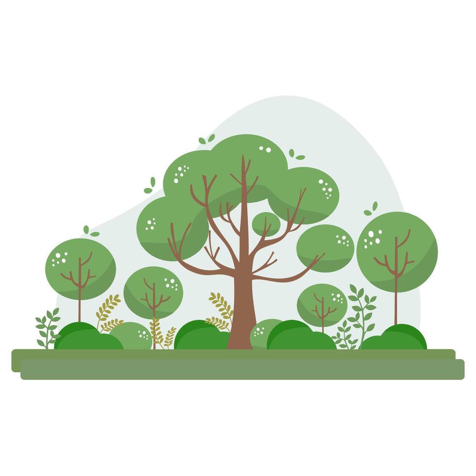 Illustration of a forest with trees, sun, and clouds vector
