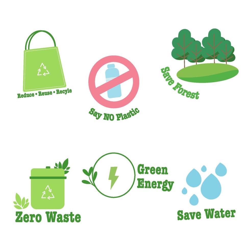 Set of Eco Lifestyle with Green Energy, Save Water, SaveForest, Zero Waste Icons vector