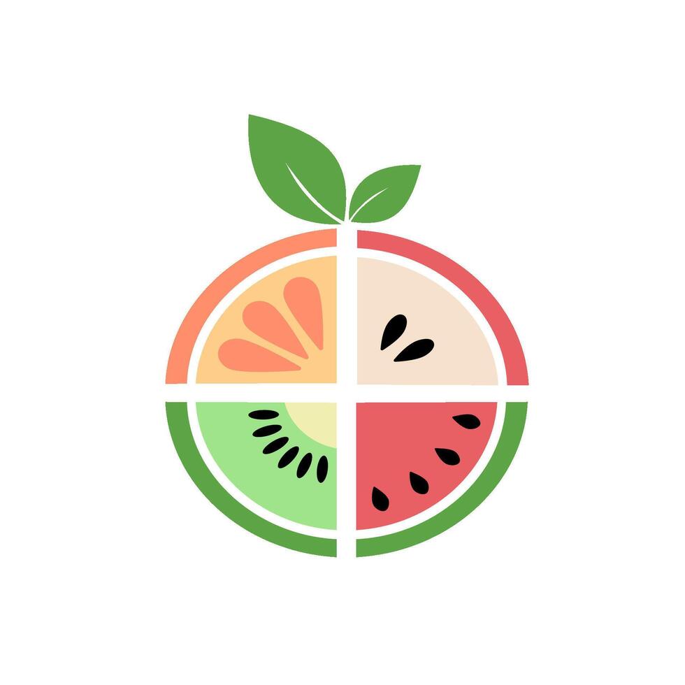 Colorful Fruit Fusion Logo Watermelon, Apple, Kiwi, and Orange Slice with Leaf vector