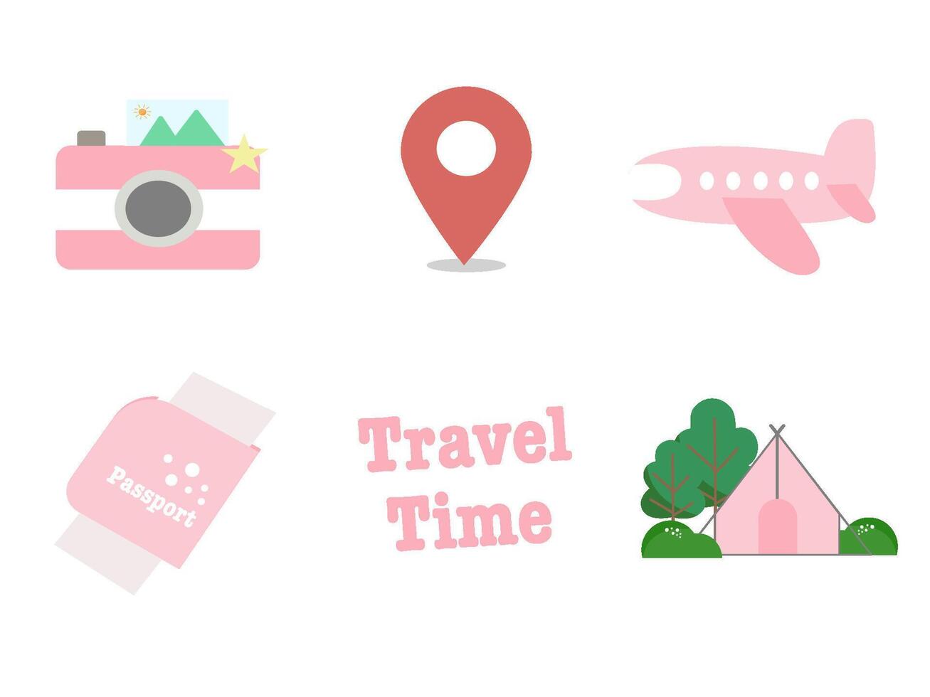 Pastel Pink Travel and Adventure Set Icons Camera, Passport, Plane, and Location Icons vector
