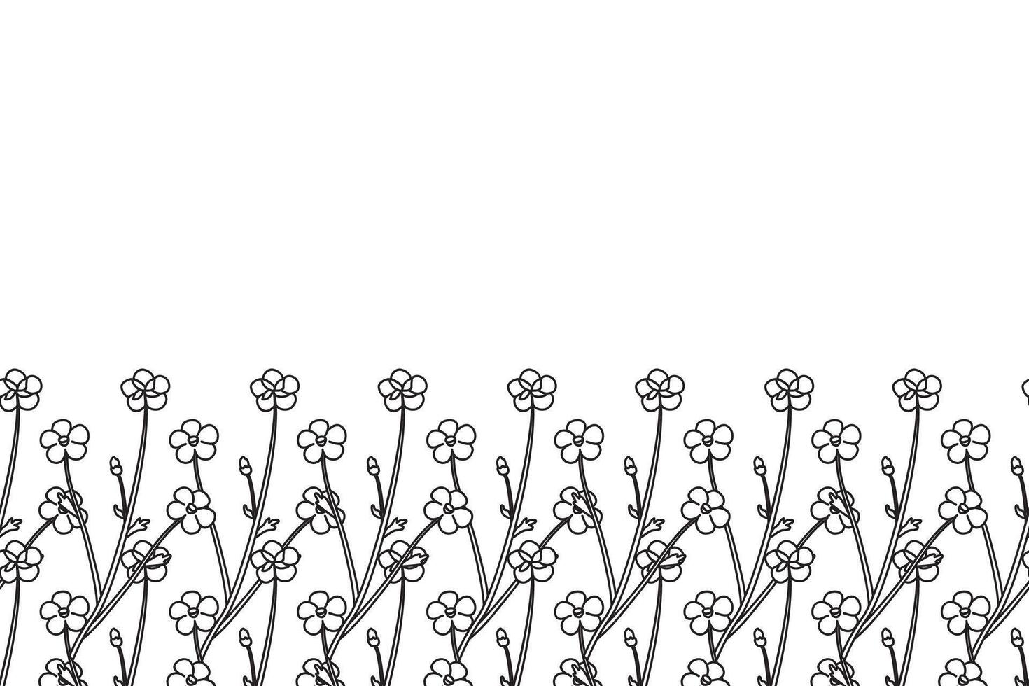 Line art botanical floral horizontal border with meadow flowers isolated on white background. Hand drawn outline little wildflowers illustration. Graphic design element for Birthday Wedding Card vector