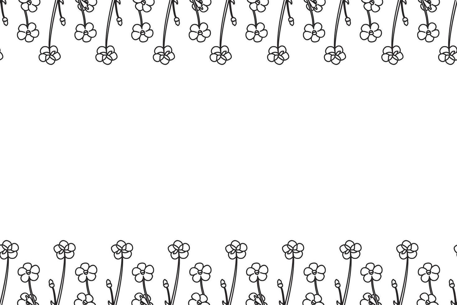 Line art botanical floral horizontal border with meadow flowers isolated on white background. Hand drawn outline little wildflowers illustration.Graphic design element for Birthday Wedding Card vector