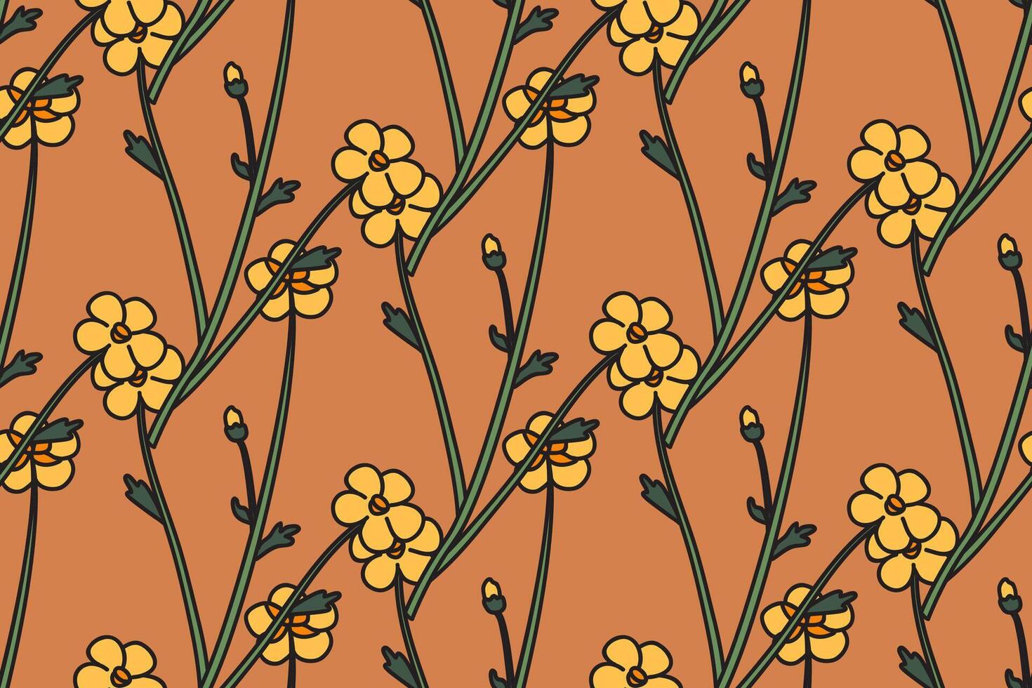 Botanical floral seamless pattern illustration. Repeating wildflowers meadow plant whit yellow flowers in pastel brown background. Graphic design for Fashion Wedding Textile Greeting Card Cover vector
