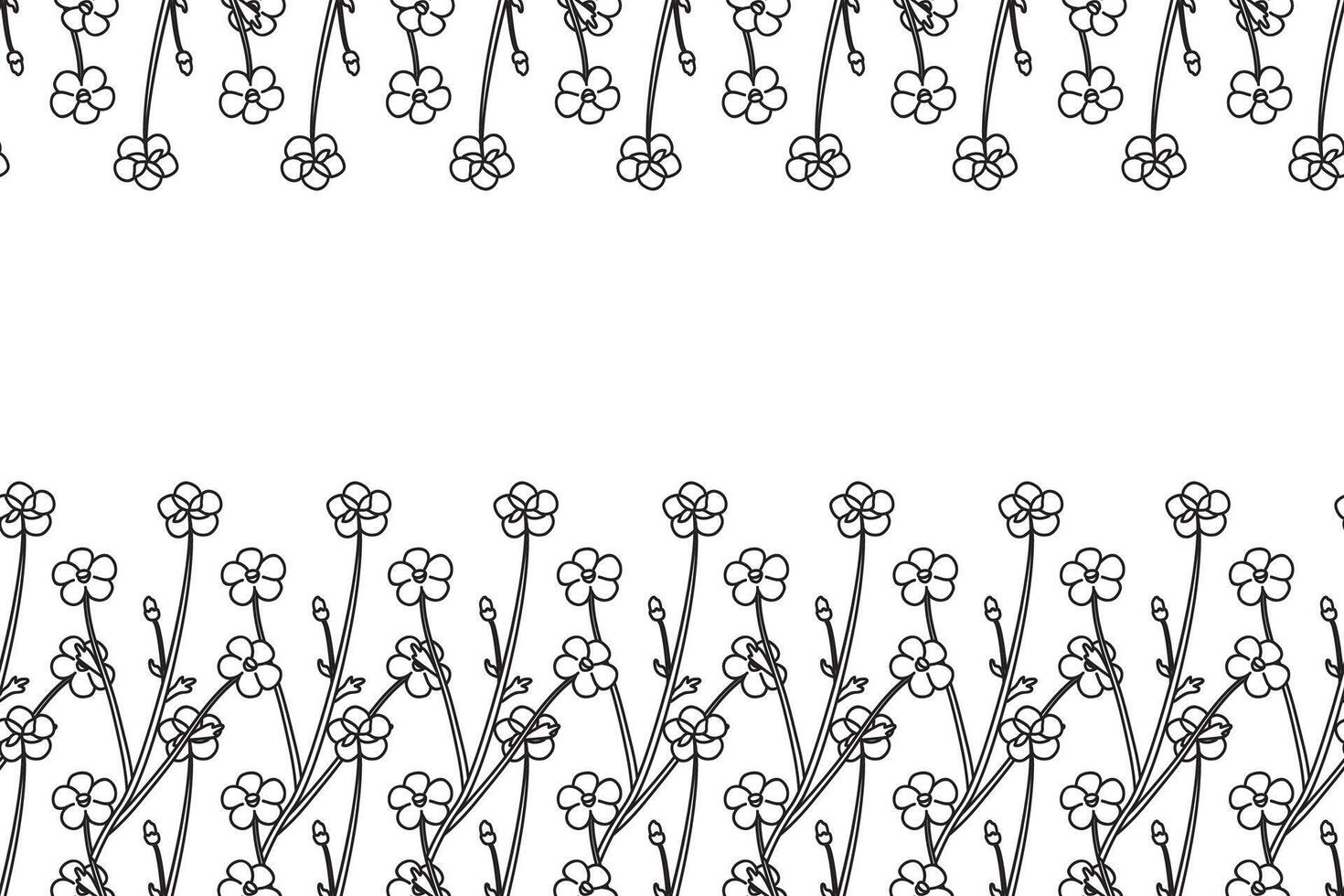 Line art botanical floral horizontal border with meadow flowers isolated on white background. Hand drawn outline little wildflowers illustration. Graphic design element for Wedding Birthday Card vector