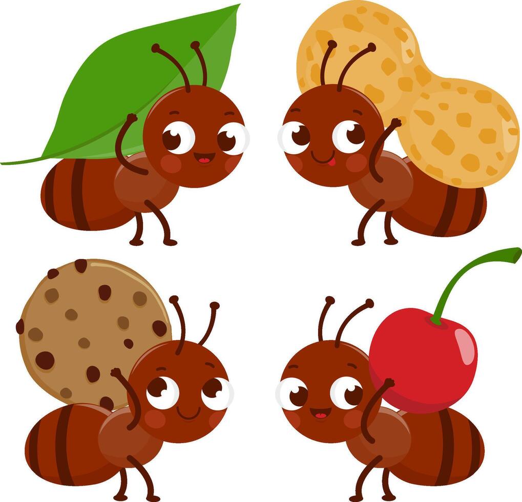 Cute ant workers carrying food in summer. Cartoon bug insect characters in the garden collect seeds and fruit, a plant leaf, a peanut, a cookie and a cherry. vector