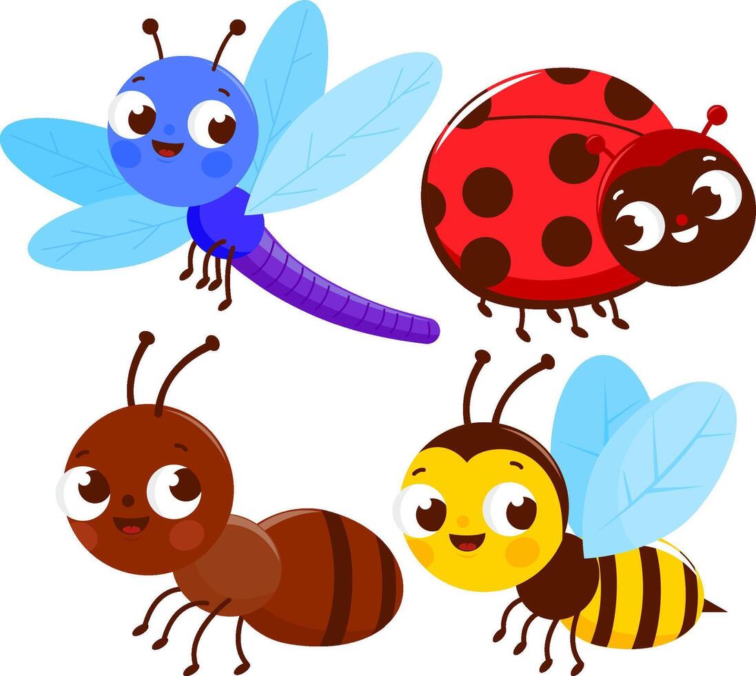 Set of cute colorful cartoon bugs characters. A dragonfly, a ladybug, an ant and a bee. Cute insects collection. vector
