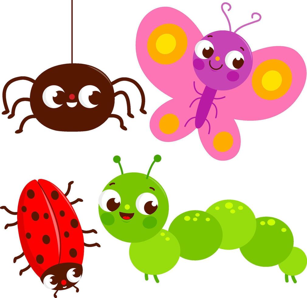 Cute garden insects collection. Cute spider, garden beetle, butterfly and green caterpillar. vector