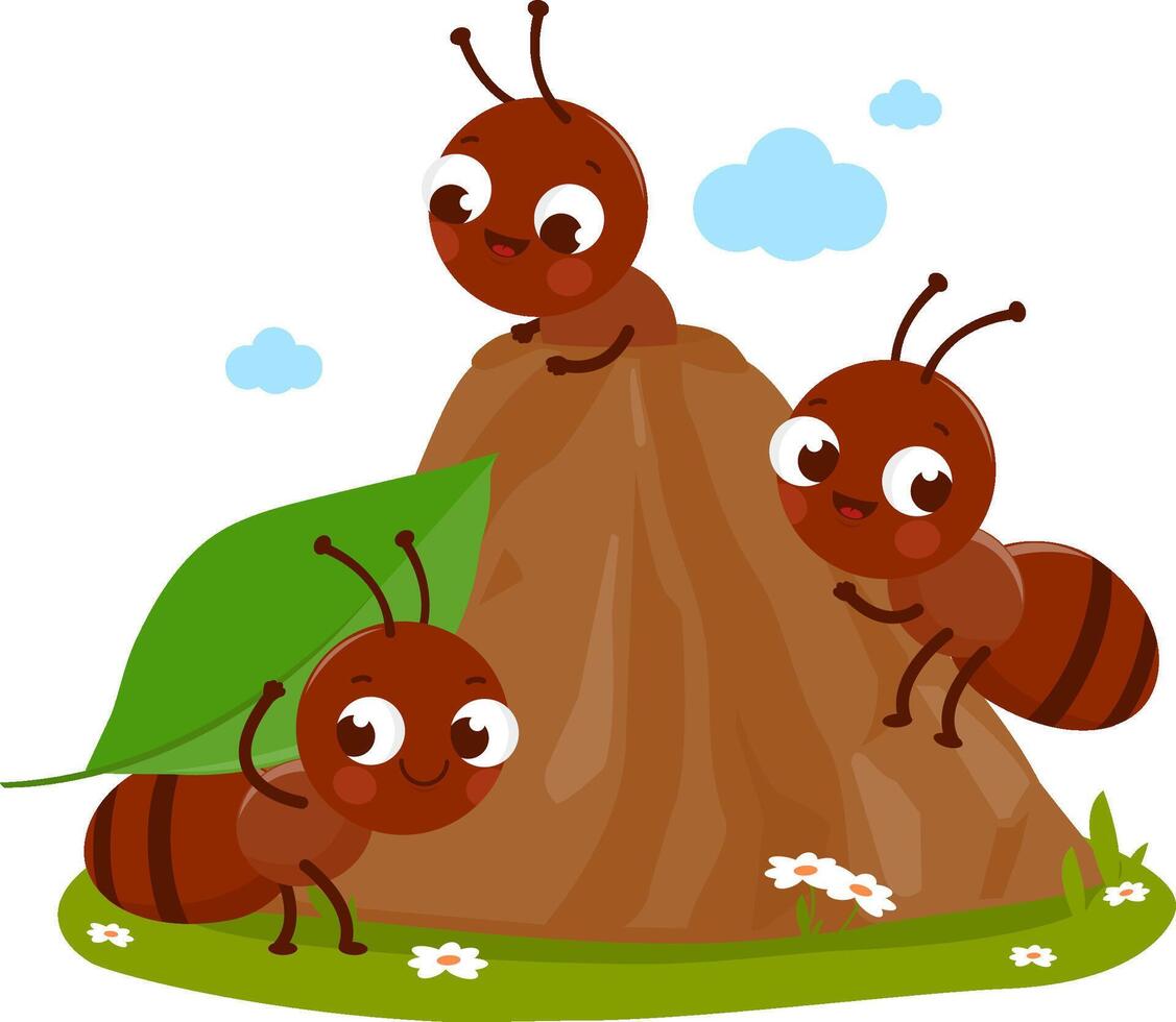 Anthill and ant workers carrying food into their nest. Cute ants bugs in termite hill. vector