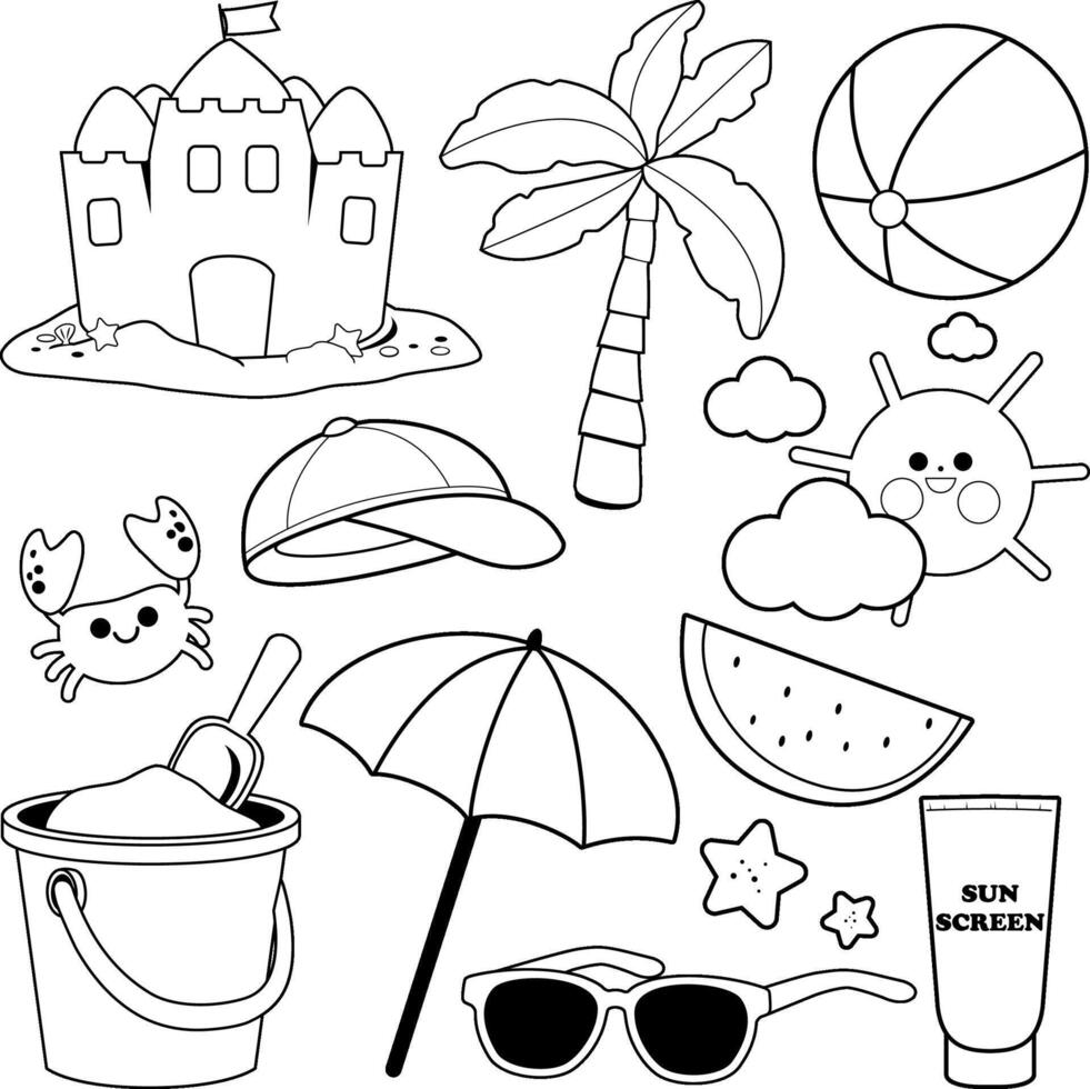 Tropical island swimming in the sea and sun. Beach summer vacation objects. Black and white coloring page vector