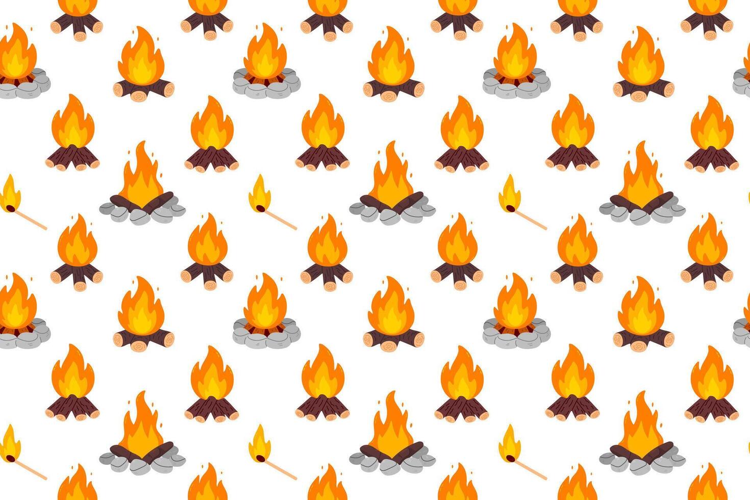 Seamless pattern of small campfires with burning logs and flames on white background, great for camping, outdoor, or survival-themed designs vector