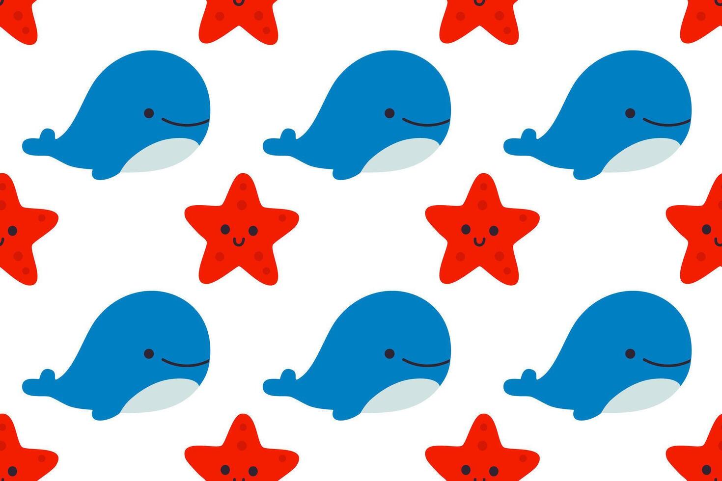Blue whales and red starfish pattern vector