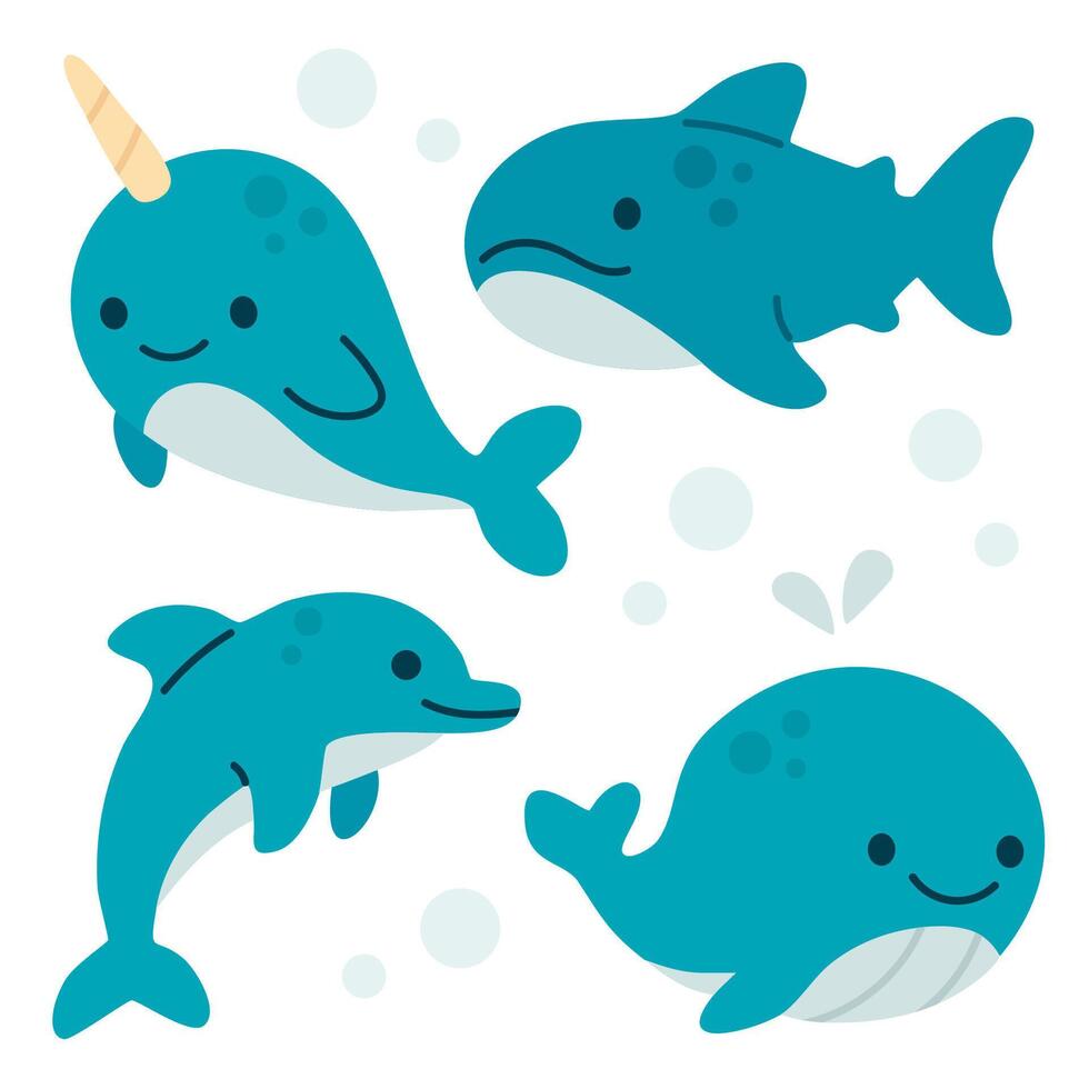Cute cartoon whales and dolphins vector