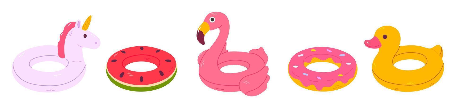 Collection of five inflatable pool floats shaped like unicorn, watermelon, flamingo, donut, and duck, perfect for summer design kits and kids' vacation graphics vector