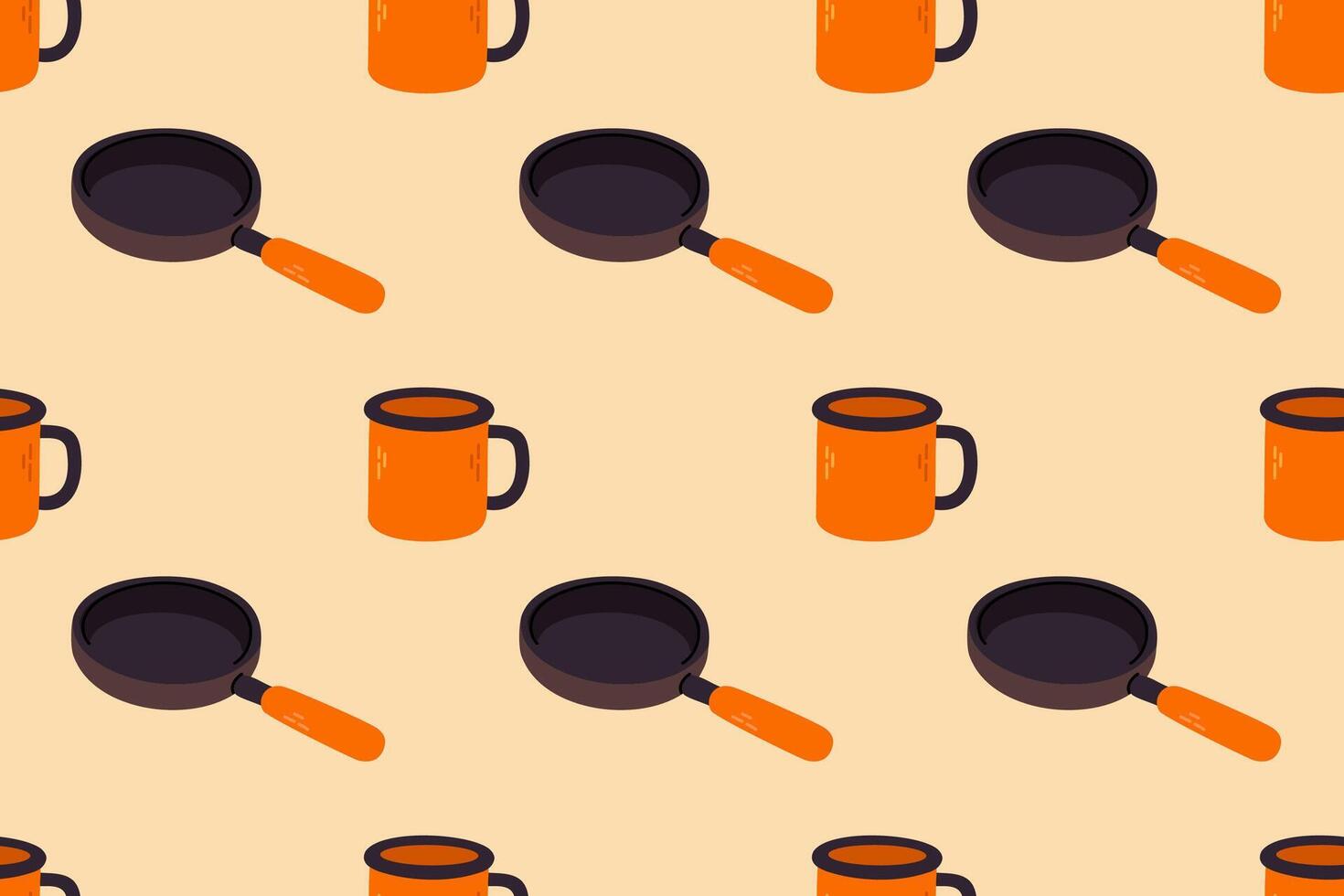 Seamless pattern featuring enamel mugs and frying pans. Ideal for outdoor cooking visuals, camping product branding, textile design or hiking-themed content vector