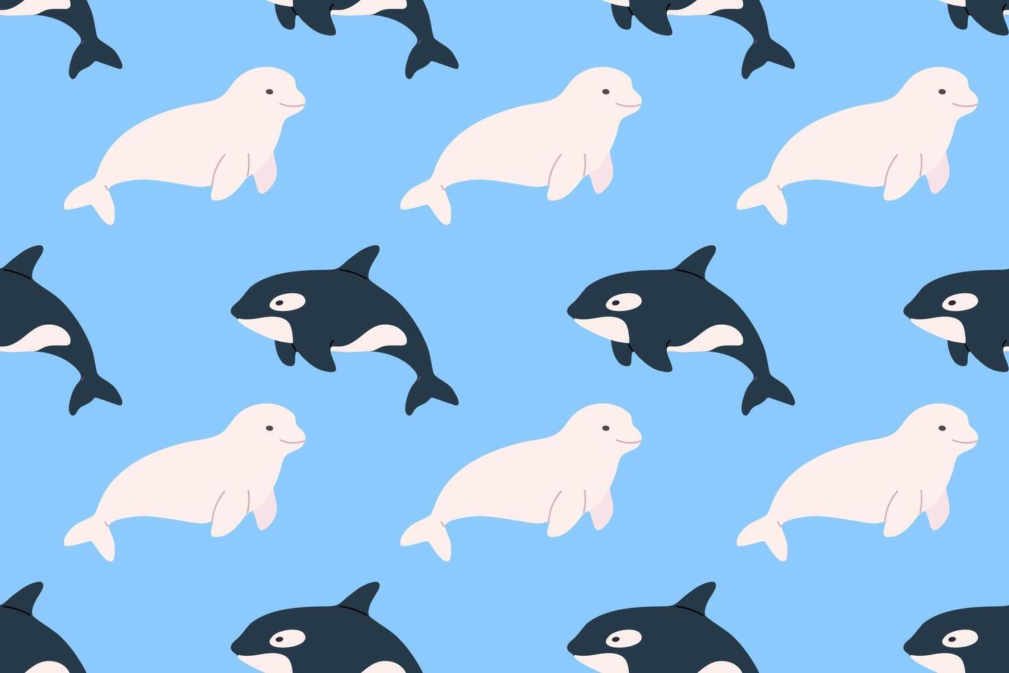 Seamless pattern with orcas and white seals on blue background. Perfect for polar animal themes, marine life and kids design vector