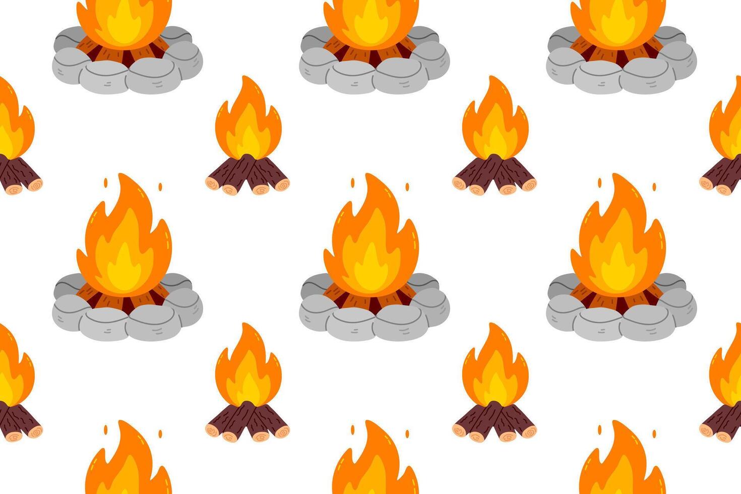 Seamless pattern of large campfires with stone rings and flames on white background, ideal for outdoor, camping, or survival visuals and design vector