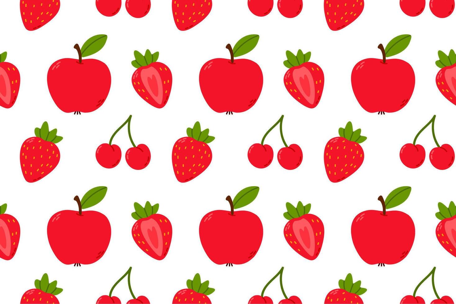 seamless pattern featuring apples, strawberries, and cherries. Perfect for healthy food packaging, grocery branding, textile design, and fresh fruit visuals vector