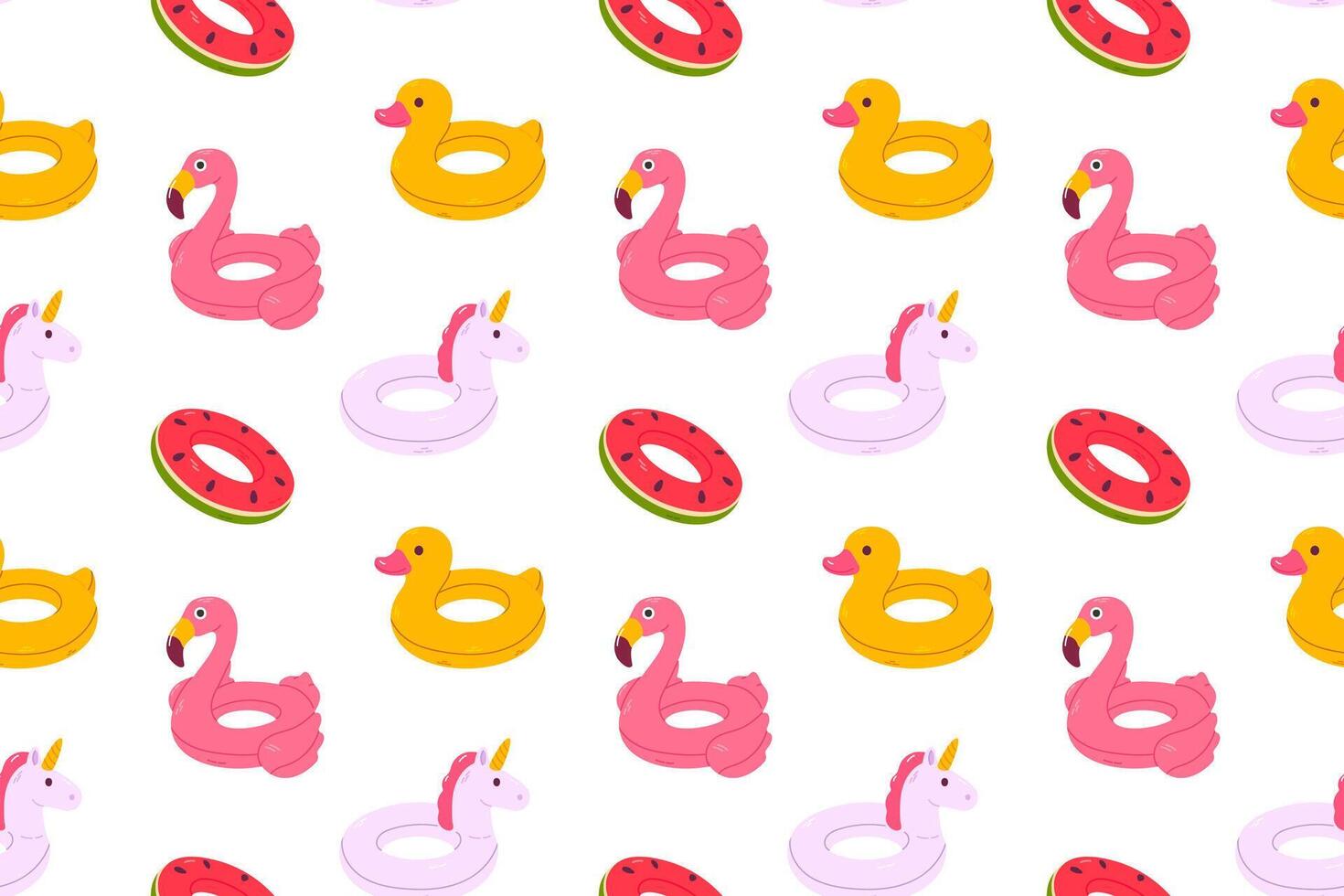 Seamless pattern with colorful pool floats shaped like duck, flamingo, unicorn, and watermelon, perfect for summer wrapping, kids' prints, and fabric designs vector