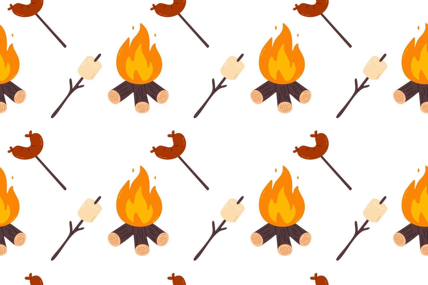 Cozy pattern with campfire, sausage and marshmallow. Perfect for adventure posters, outdoor branding, food packaging or themed merchandise design vector