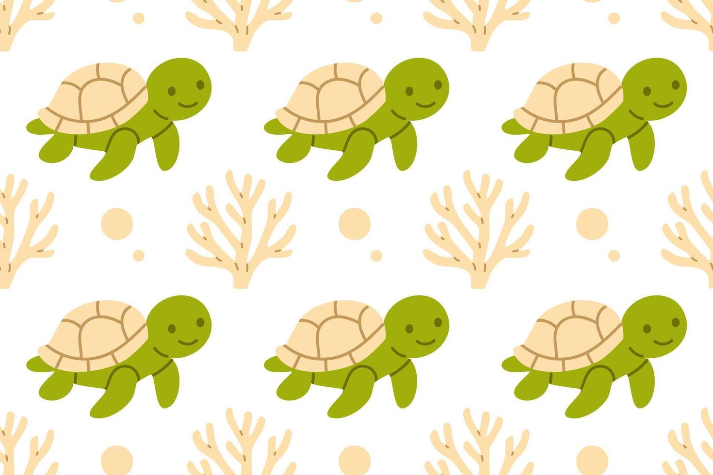 Seamless pattern with green sea turtles and beige coral branches on white background for calm and educational ocean visuals vector