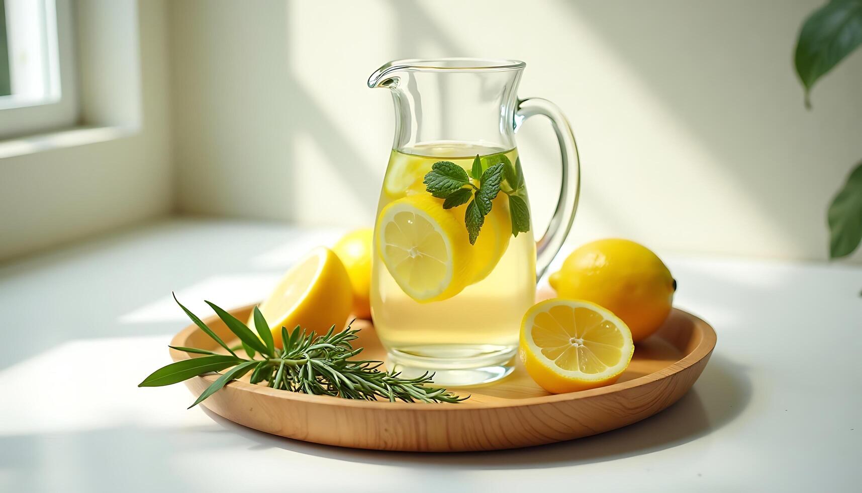 Refreshing Lemonade with Mint and Rosemary in Glass Pitcher Still Life photo