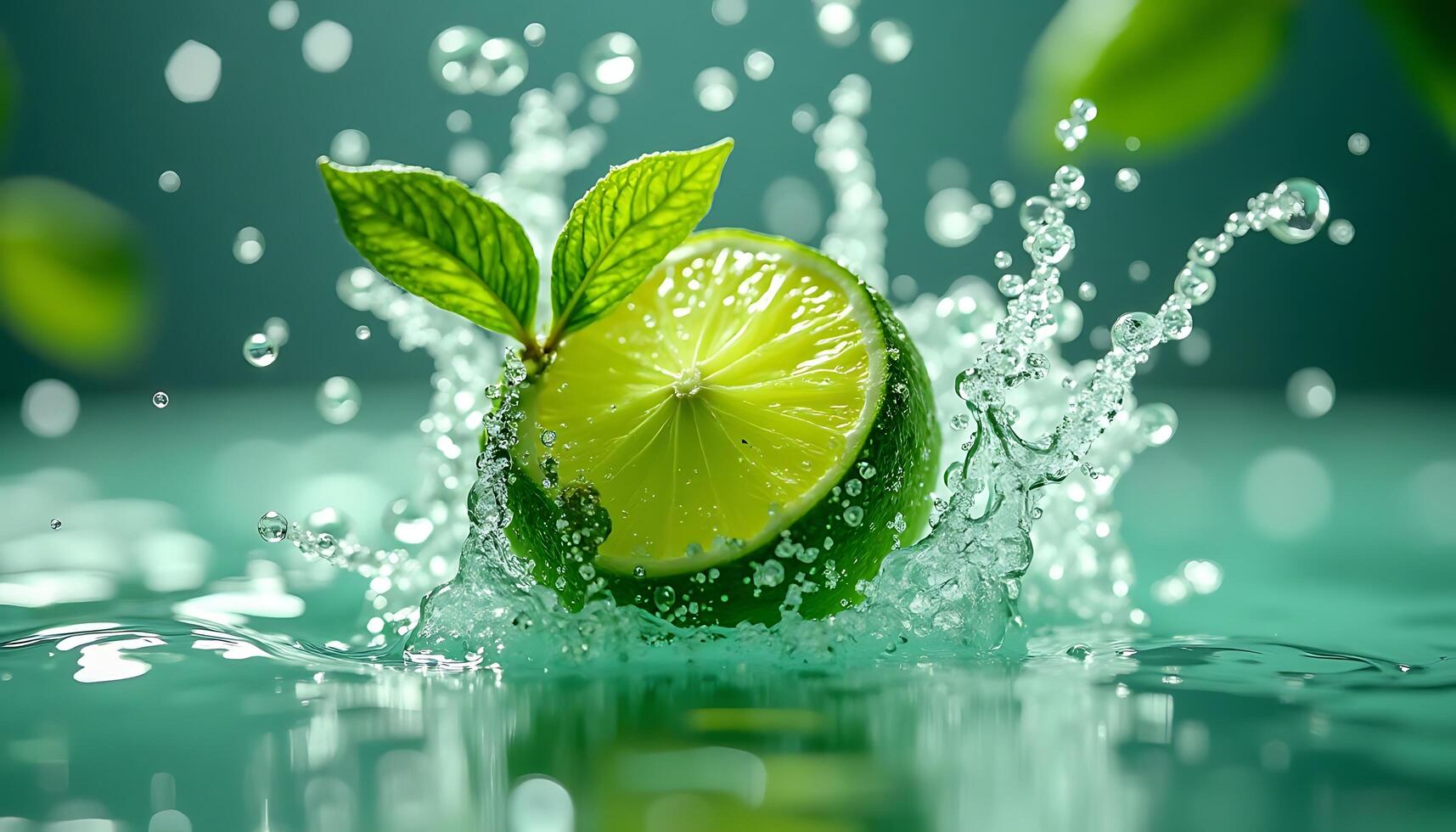 Fresh Lime Slice Dropping Into Water with Mint Leaves Splashing photo