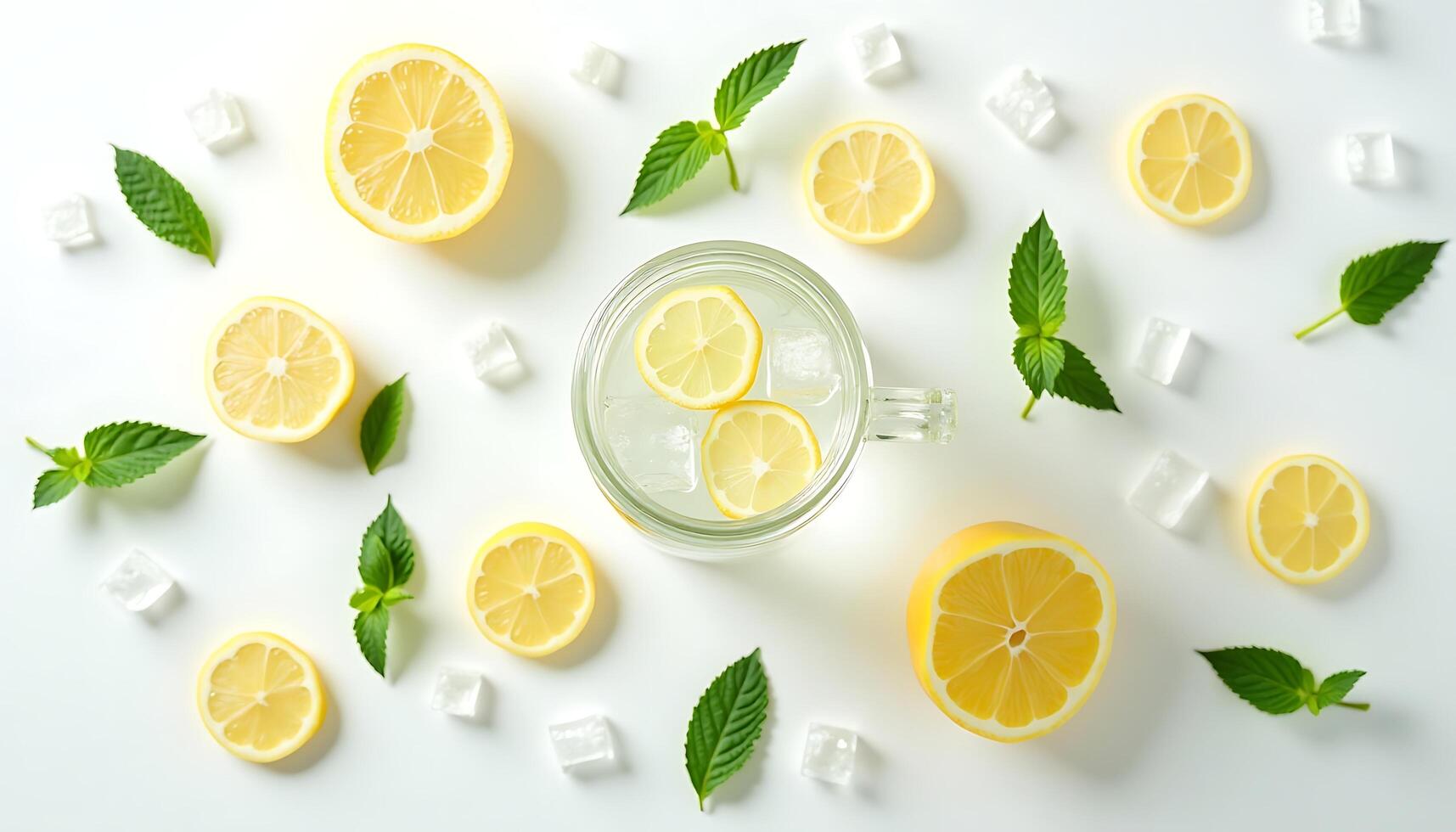 Refreshing Lemon Water with Mint and Ice Cubes on White Background photo