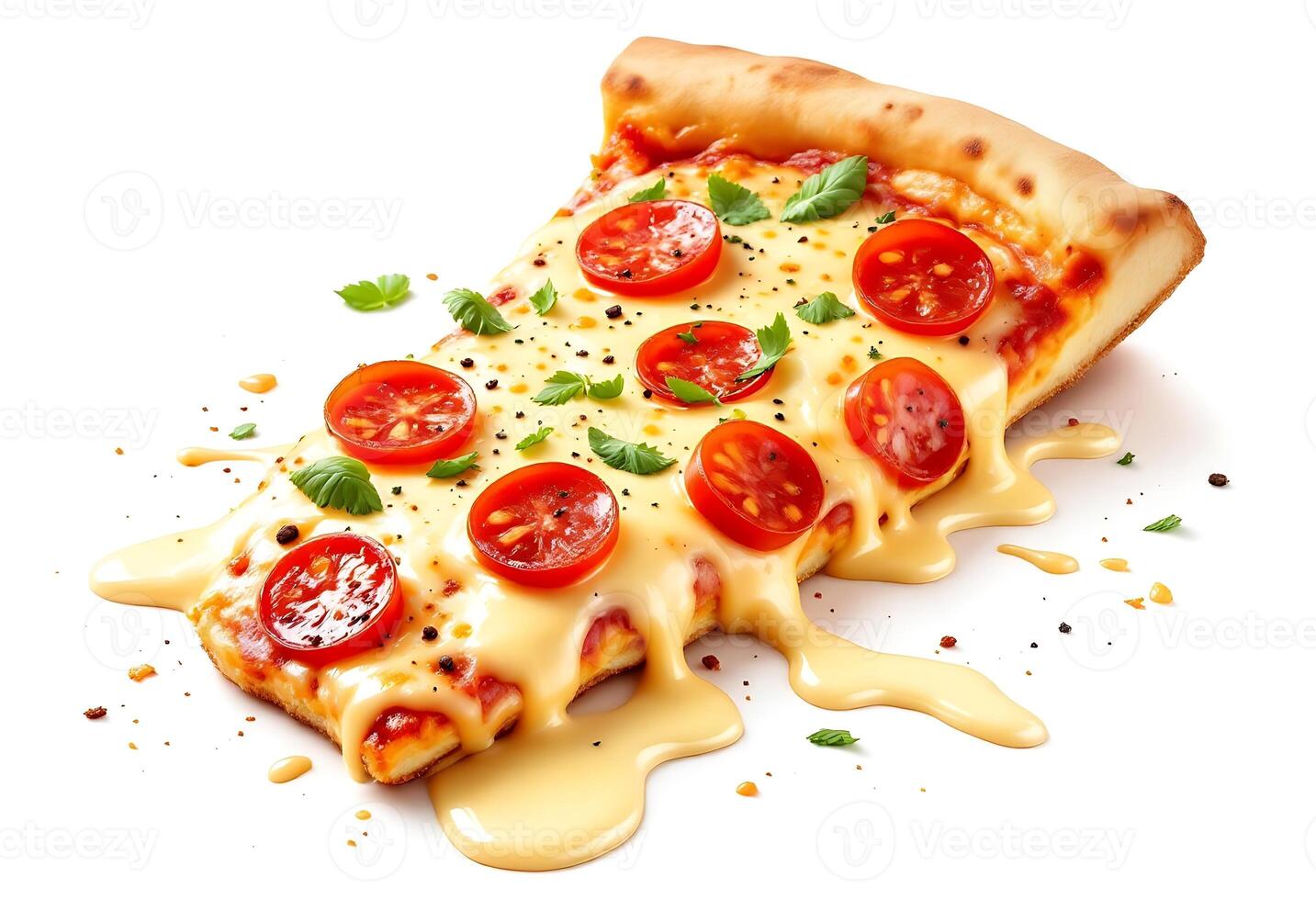 Delicious Pizza Slice with Melting Cheese and Cherry Tomatoes Isolated photo