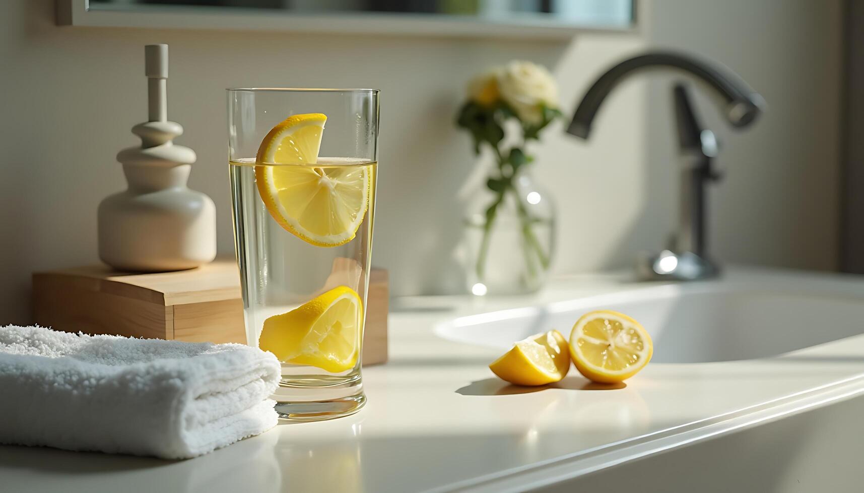 Refreshing Lemon Water in Glass with Bright Bathroom Setting and Sunshine photo