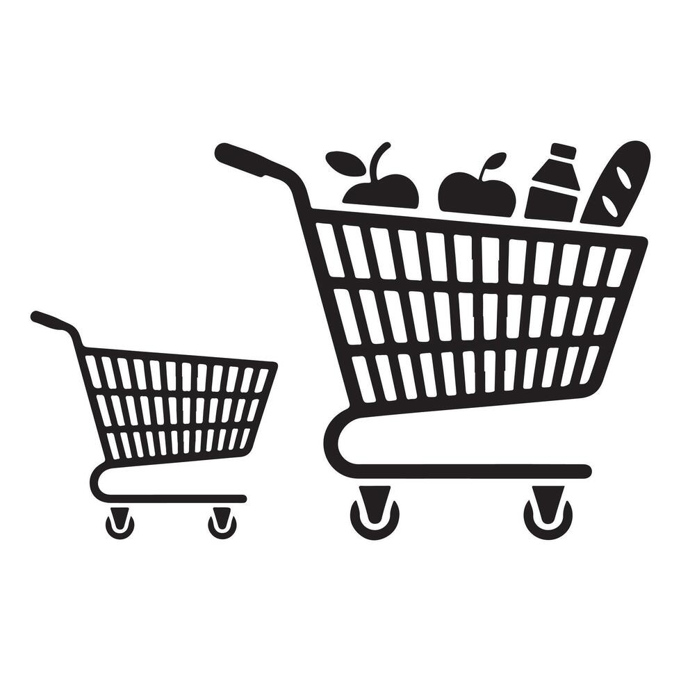 Shopping Cart Silhouette Art with Groceries Large and Small Trolley Set vector