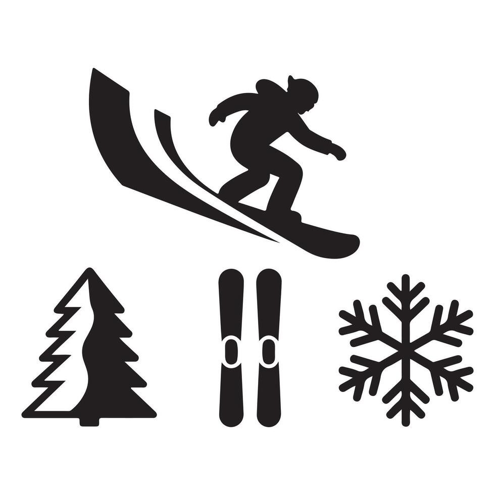Skiing Silhouette with Trees and Snowflake Elements vector
