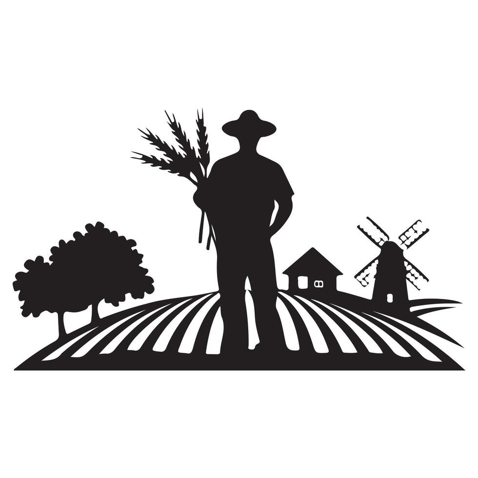 Farmer with wheat in a rural landscape vector