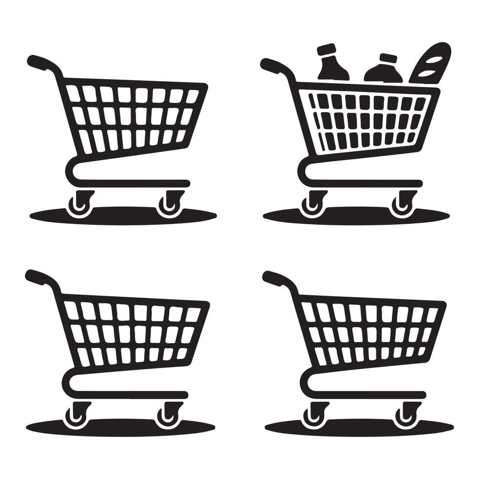 Black Shopping Cart Silhouette Art Set Grocery and Retail Trolley Collection vector