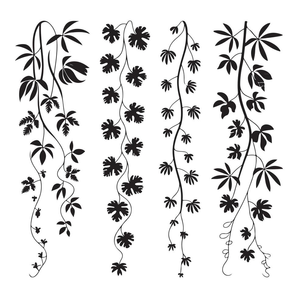 Vertical Hanging Vines and Tropical Creepers Silhouette Art Pack vector